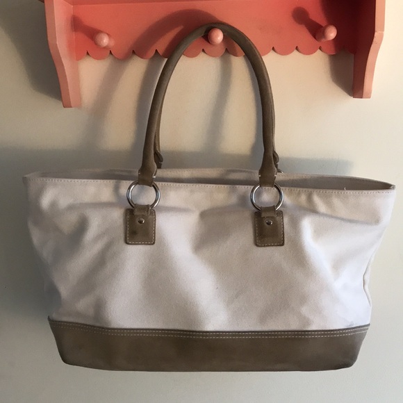 Banana Republic tote Coastal Grandma white canvas tan suede top handle beach bag - Picture 7 of 11